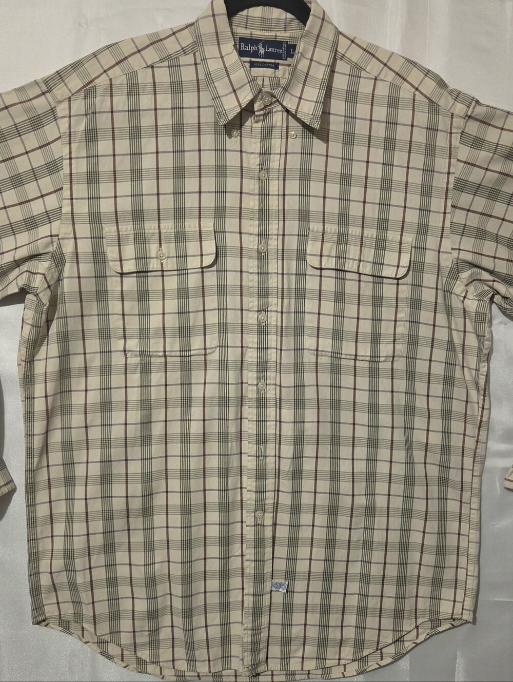 Ralph Lauren Cream Plaid Button-Down Shirt with Green and Red Accents. L